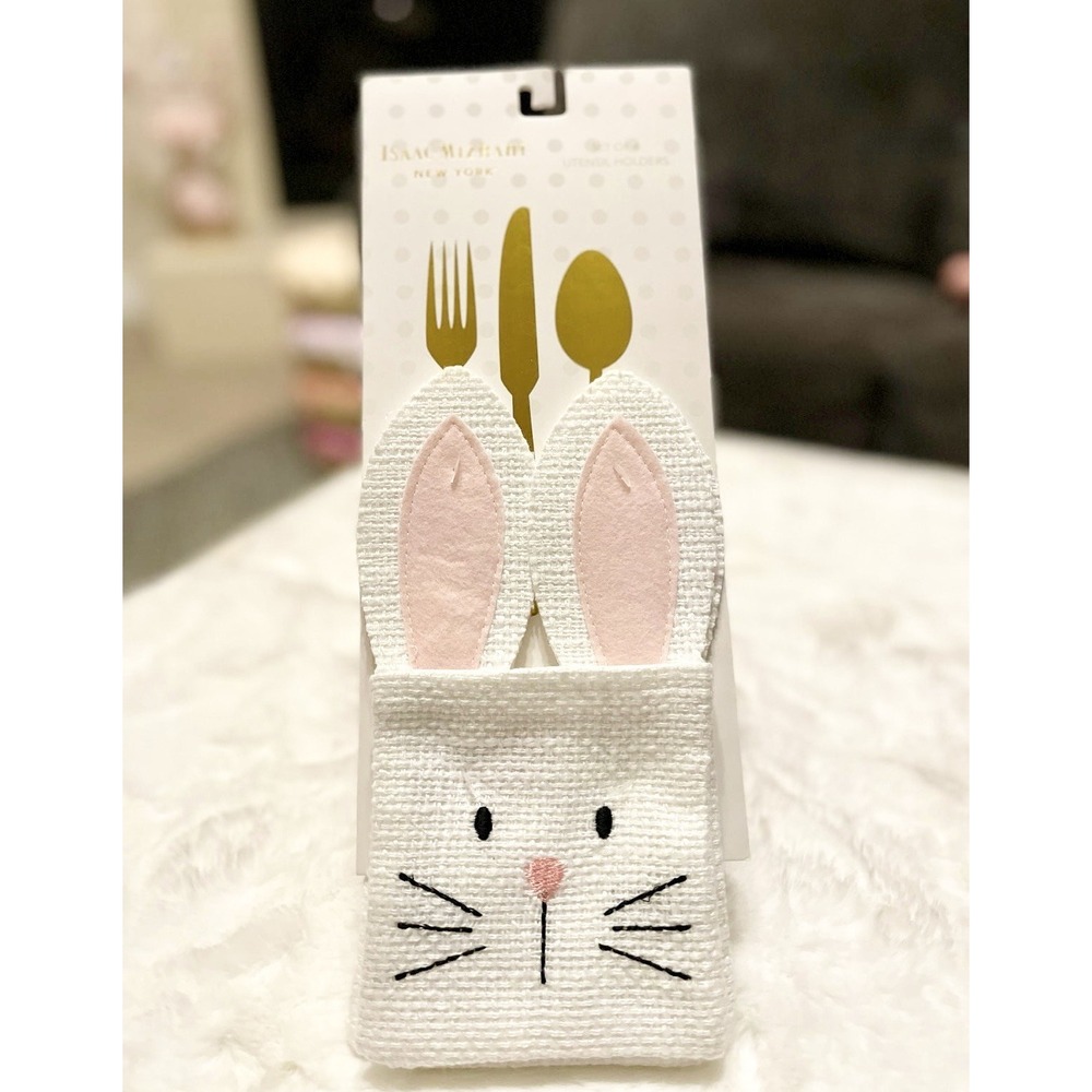 Isaac Mizrahi Burlap Rabbit‎ Bunny Utensil Holder Set of 4 Place Settings